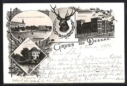 Lithographie Dessau, Schloss im Louisium, Behördenhaus, Herzogliches Schloss