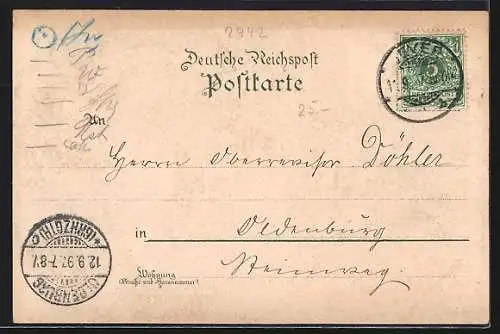 Lithographie Jever, Concerthaus-Hotel Erbgrossherzog, Hopf von Oldenburg, Kriegerdenkmal