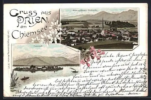 Vorläufer-Lithographie Prien am Chiemsee, 1895, Fraueninsel mit Bergpanorama, Gesamtansicht, Bergblumen
