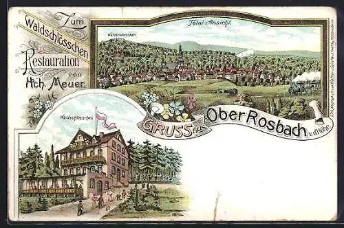 Lithographie Ober Rosbach v. d. Höhe, Restaurant zum Waldschlösschen H. Meuer m. Strasse u. Garten, Totalansicht