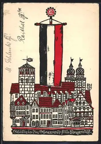 Künstler-AK Bayreuth, Stadtansicht mit Mohrenapotheke u. deutscher Fahne, Abituria der Oberrealschule