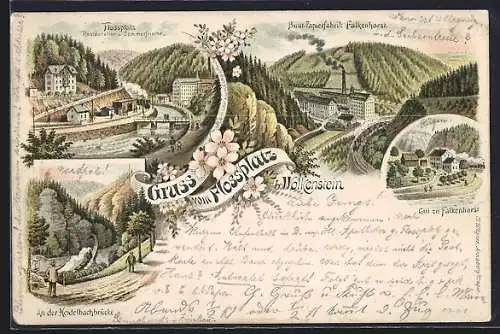 Lithographie Wolkenstein, Flossplatz, Gut zum Falkenhorst, Restauration & Sommerfrische, Bunt-Papierfabrik