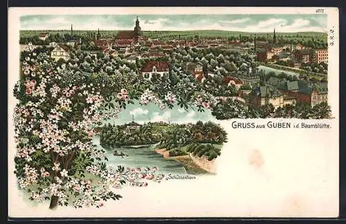 Lithographie Guben i. d. Baumblüthe, Schützenhaus, Panorama