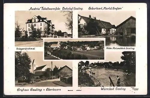 AK Gauting, Kriegerdenkmal, Austria Tabakwarenfabrik, Bahnhof, Würmbad