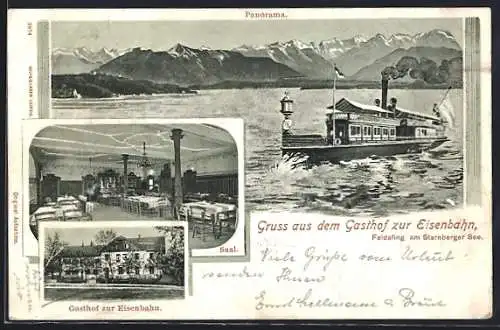 AK Feldafing, Gasthof zur Eisenbahn, Saalansicht, Fluss mit Dampfer