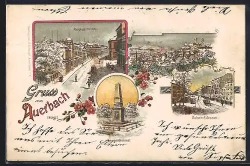Winter-Lithographie Auerbach / Vogtland, Kriegerdenkmal, Reichs- u. Bahnhofstrasse