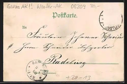 Winter-Lithographie Auerbach / Vogtland, Kriegerdenkmal, Reichs- u. Bahnhofstrasse