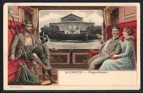 Passepartout-Lithographie Bayreuth, Wagnertheater, Blick aus dem Zugabteil