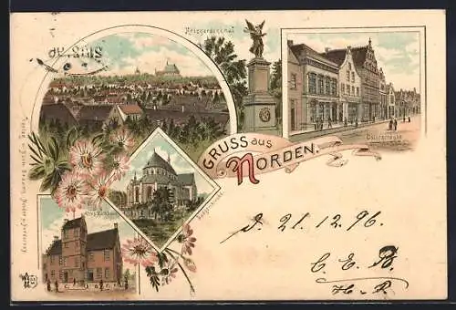 Lithographie Norden / Ostfriesland, Osterstrasse, Kriegerdenkmal, Ludgerikirche, Altes Rathaus