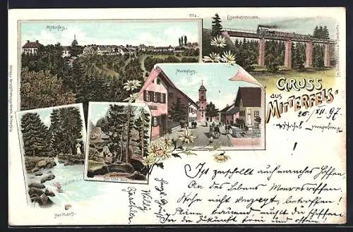 Lithographie Mitterfels, Marktplatz, Der hohe Stein, Eisenbahnbrücke