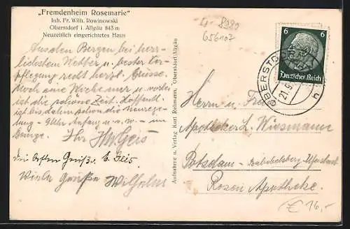 AK Oberstdorf i. Allgäu, Fremdenheim Rosemarie, Inh. Fr. Wilh. Rowinowski, 