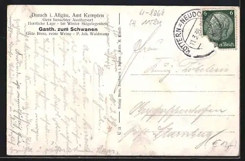 AK Durach i. Allgäu, Gasth. z. Schwanen, Nebenzimmer, Ortsansicht