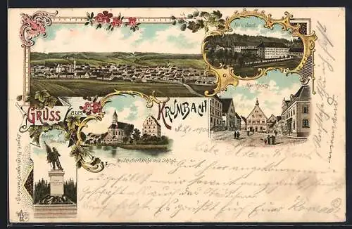Lithographie Krumbach / Schwaben, Kriegerdenkmal, Marktplatz und Stadtpfarrkirche