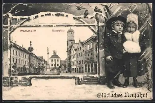 AK Weilheim / Oberbayern, Hauptplatz im Passepartout mit Kindern im Schnee