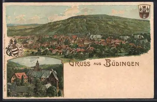 Lithographie Büdingen / Hessen, Gesamtansicht, Schloss, Wappen
