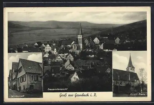 AK Grunbach i. R., Gasthaus, Kirchplatz und Gesamtansicht