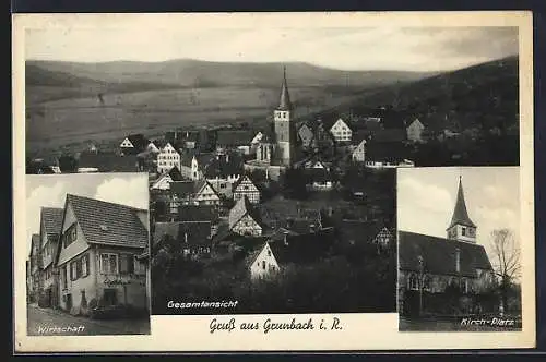 AK Grunbach i. R., Wirtschaft, Kirchplatz, Ortsansicht