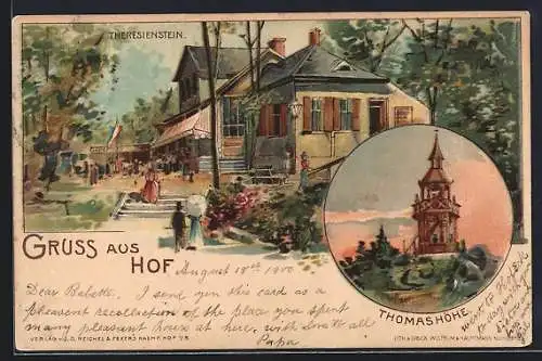 Lithographie Hof, Gasthaus Theresienstein, Thomashöhe