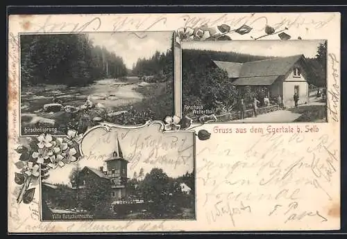 AK Selb, Forstahus Wellerthal im Egertal, Villa Hutschenreuther, Hirschensprung