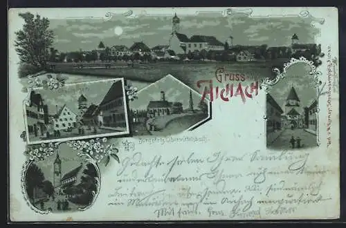 Lithographie Aichach, Ortsansicht mit Pfarrkirche und Burgplatz