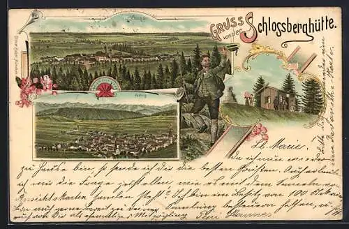 Lithographie Schongau, Schlossberghütte mit Denkmal, Panorama mit Peiting