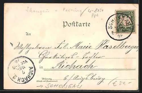 Lithographie Schongau, Schlossberghütte mit Denkmal, Panorama mit Peiting