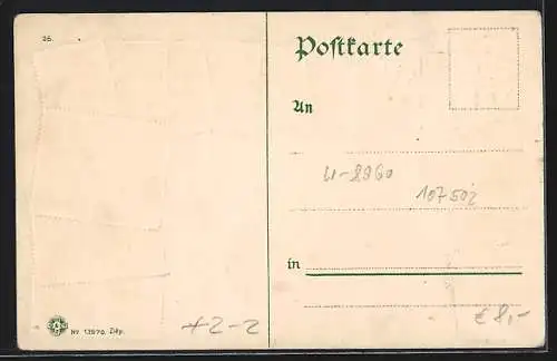Passepartout-AK Kempten an der Iller, Teilansicht mit Brücke, Briefmarken u. Wappen