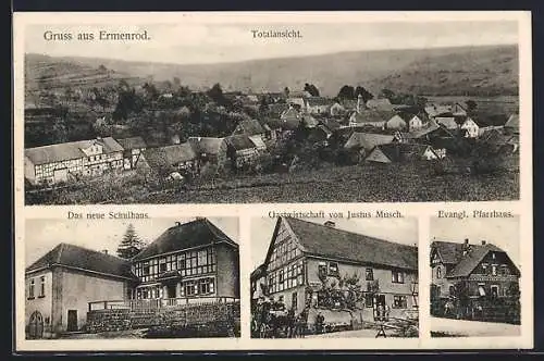 AK Ermenrod, Totalansicht, Das neue Schulhaus, Gasthaus von Justus Musch, Evang. Pfarrhaus