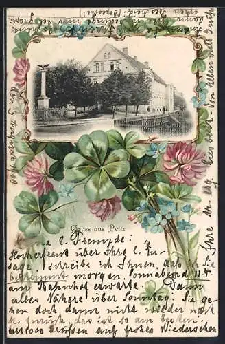 Lithographie Peitz, Strassenpartie am Denkmal