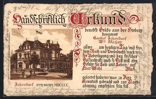 Lithographie Ichendorf / Köln, Gasthof, Inh. Ww. Bayer, Urkunde