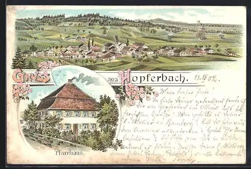 Lithographie Hopferbach, Pfarrhaus, Ortsansicht aus der Vogelschau