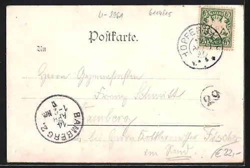Lithographie Hopferbach, Pfarrhaus, Ortsansicht aus der Vogelschau