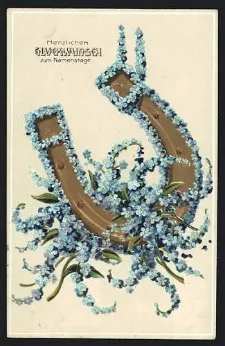 Präge-AK Hufeisen geschmückt mit Vergissmeinnicht, Namenstag