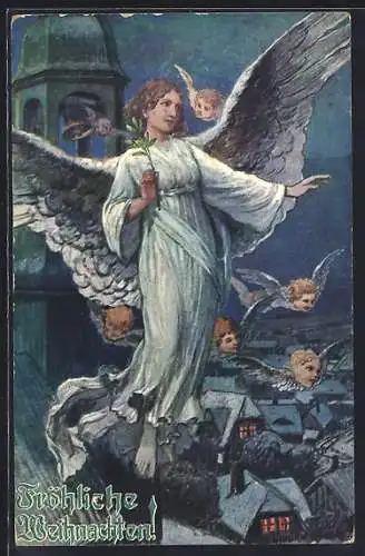Künstler-AK Schwebender Weihnachtsengel am Kirchturm