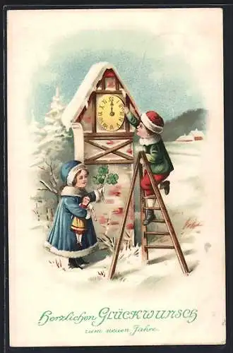 Präge-AK Zwei Kinder an einer verschneiten Uhr, Neujahrsgruss
