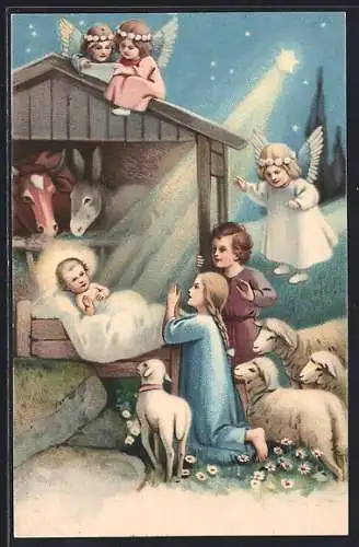 AK Weihnachtsgrüsse, Weihnachtsengel an der Krippe