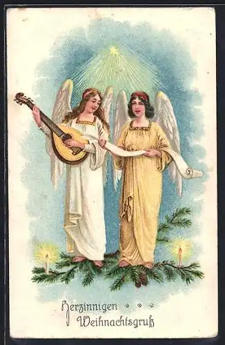 AK Weihnachtsengel mit Laute und Noten auf einem Tannenzweig