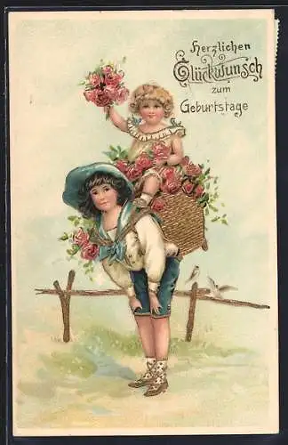 Präge-AK Geburtstag, Junge trägt ein Mädchen in einem Blumenkorb