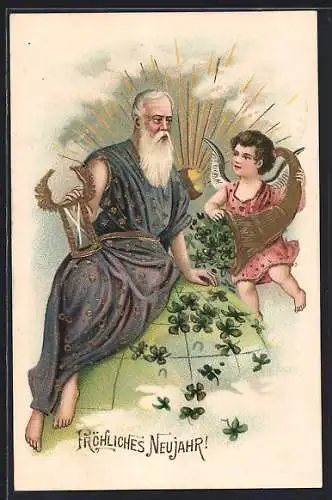 Präge-AK Neujahrsgruss, Greis mit Stundenglas und Neujahrsengel mit Füllhorn