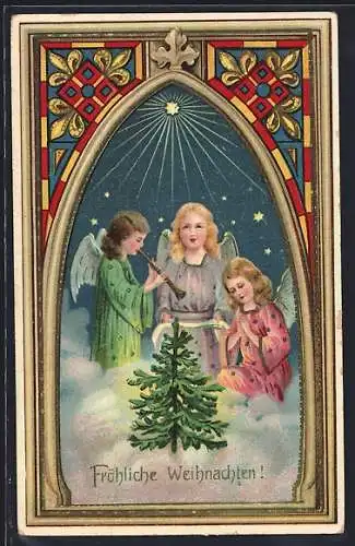 AK Weihnachtsengel musizieren vor einem Sternenhimmel
