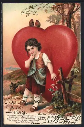Präge-AK Kleines Mädchen vor einem roten Herz, Rotkehlchen