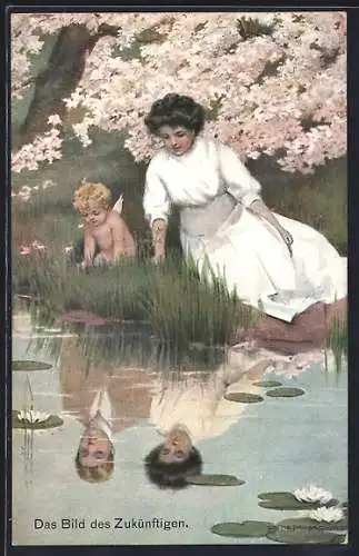 Künstler-AK Das Bild des Zukünftigen, Amor und Fräulein schauen auf Spiegelung im Wasser