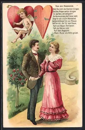Präge-AK Amor öffnet ein Herz über einem Liebespaar
