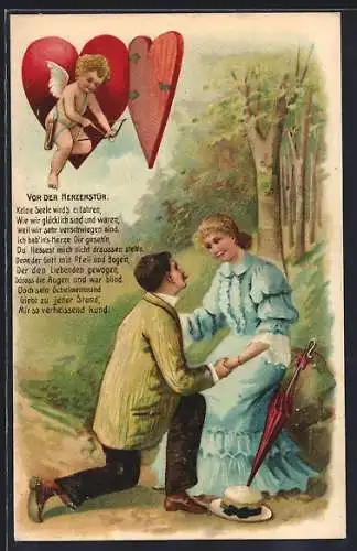 Präge-AK Amor sitzt über einem Liebespaar in einem Herz