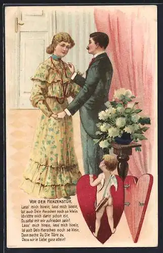 Präge-AK Amor beobachtet ein Liebespaar