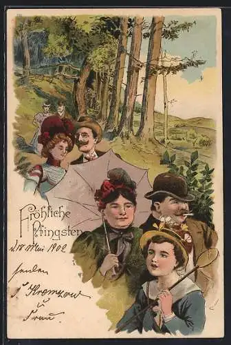 AK Fröhliche Pfingsten, Pfingstausflügler beim Spaziergang