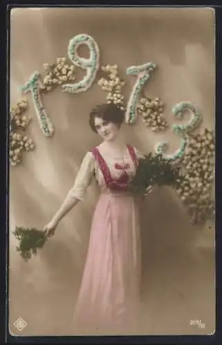 AK Dame mit Zweigen und der Jahreszahl 1913