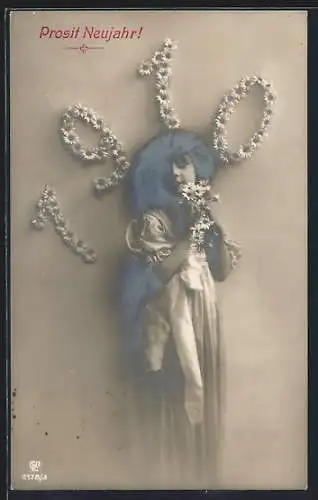 AK Mädchen mit der Jahreszahl 1910 aus Blüten, Prosit Neujahr