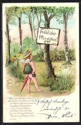 AK Kleiner Engel mit Schirm vor Schild am Baum, Pfingstgruss