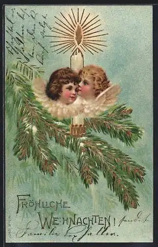 AK Weihnachtsengel und Kerze am Christbaum